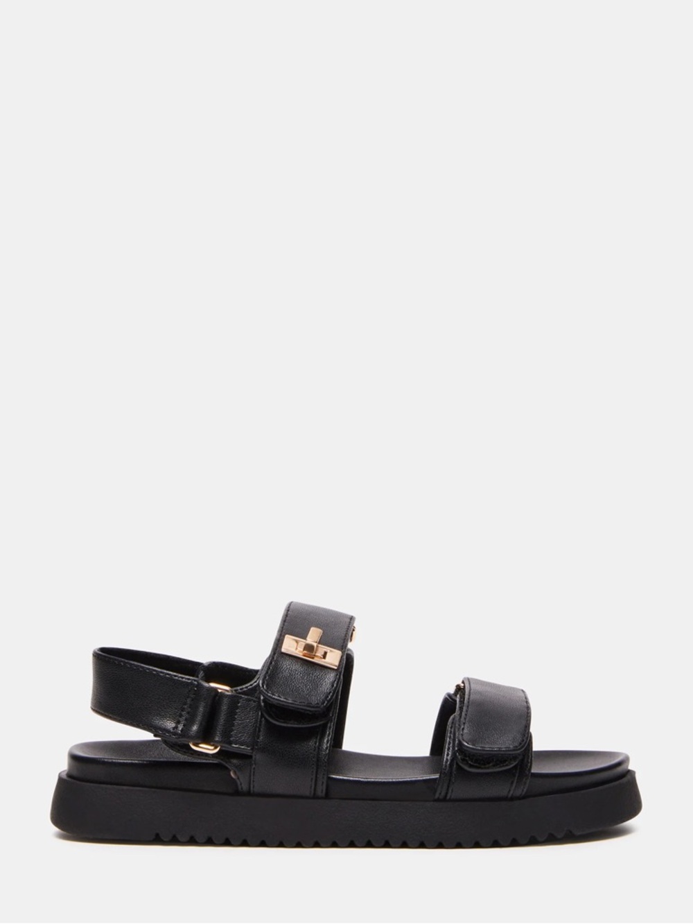 Steve Madden Black Leather Sandal with Gold Hardware